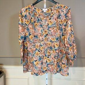 J. Jill Floral Popover Cotton Large Blouse Top Lightweight Casual V Neck EUC